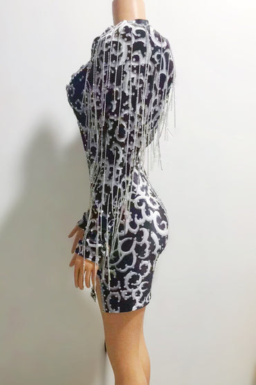 Sexy Black White Rhinestones Big Sleeves Dress Outfit Party Costume Evening Celebrate Chains Fringes Dress Dancer hauqiangu