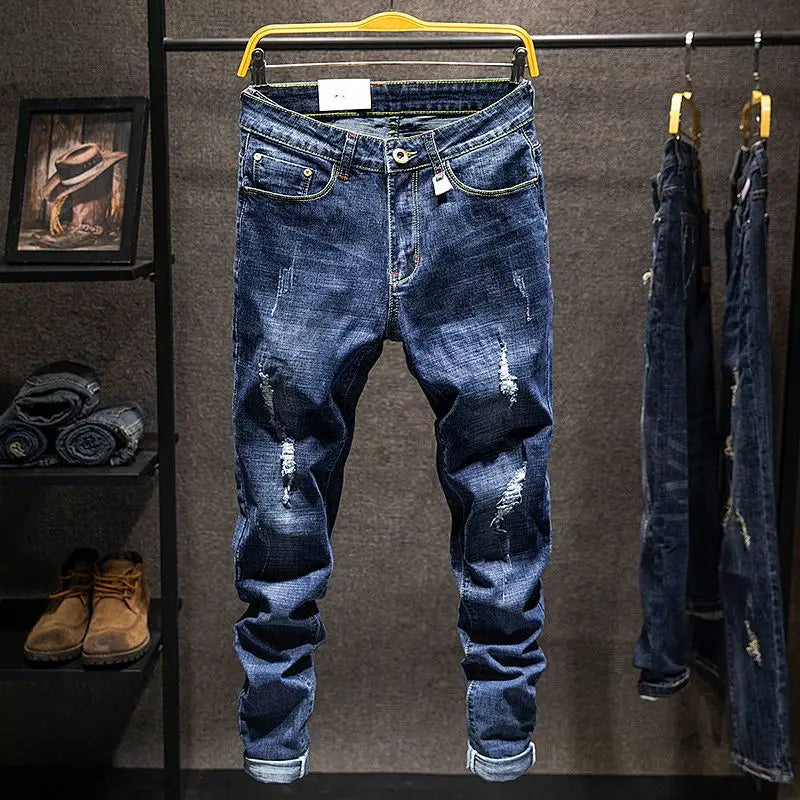 American Elastic Straight Jeans Men Ripped Worn-out Slim-fit Cotton Denim Pants Korean Style Fashion Blue Black Men's Clothing