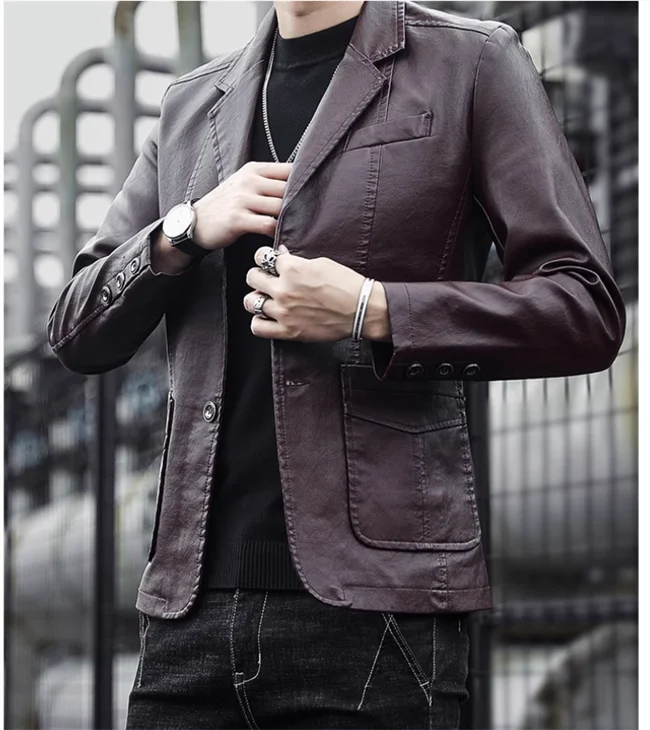 2024 New Men Business Casual Leather Jacket Black / khaki Fashion Male Suit Collar Coats Large Size 5XL Slim Fit Top