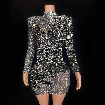 Glamorous Black Birthday Party Dress with Diamond Beads Elegant Stage Performance Costume for Women Glam Hip Wrap Evening Gown