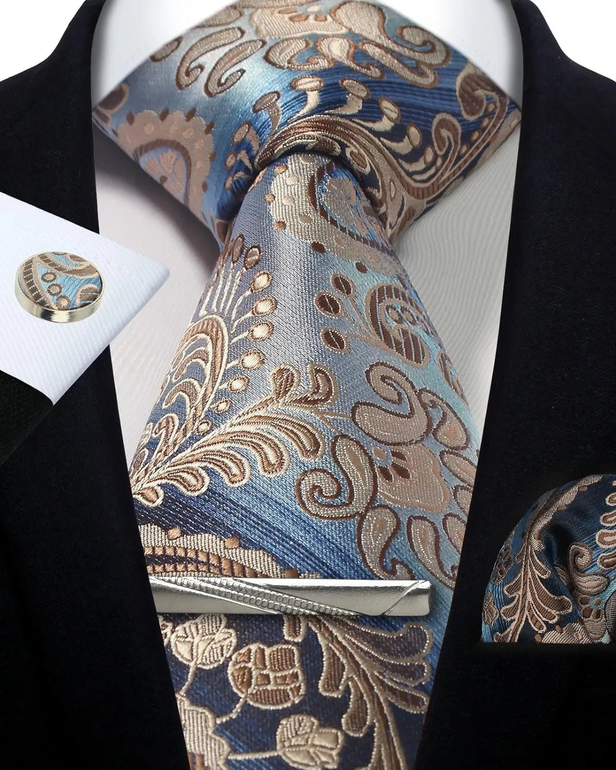 Mens Tie Set Silk Silver Paisley Floral Necktie and Pocket Square Cufflinks Tie Clip Classic Formal Ties for Men Wedding Party