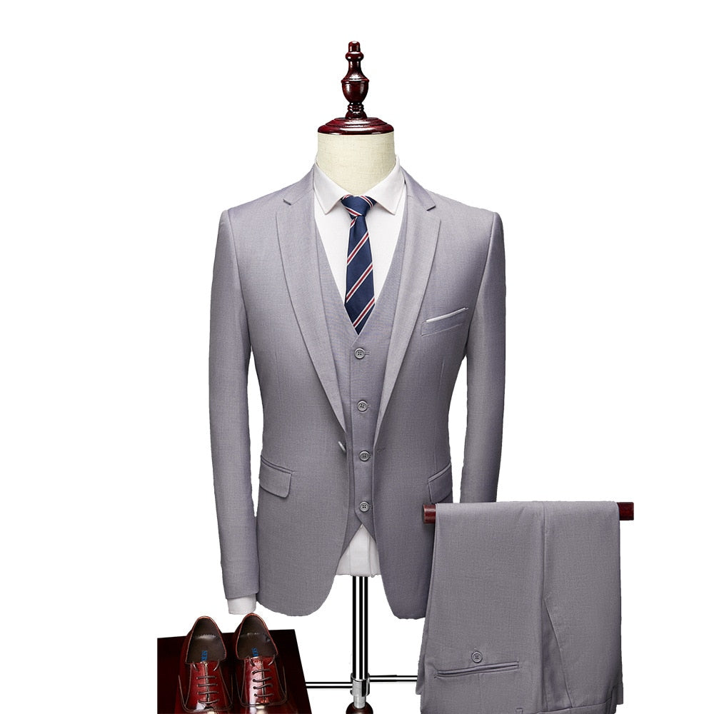 Luxury 3 Piece Men's Wedding Suit Fashion Men's Slim Solid Color Business Office Suit Sets Large Size Men Blazer+ Pants + Vest
