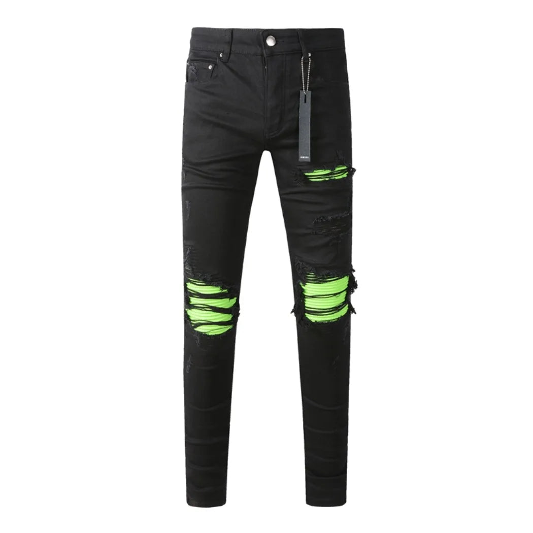 Fashion Top Quality Streetwear Distressed Men's Jeans Vintage Low Rise Stretch Skinny Button Fly Ripped Hold Pants