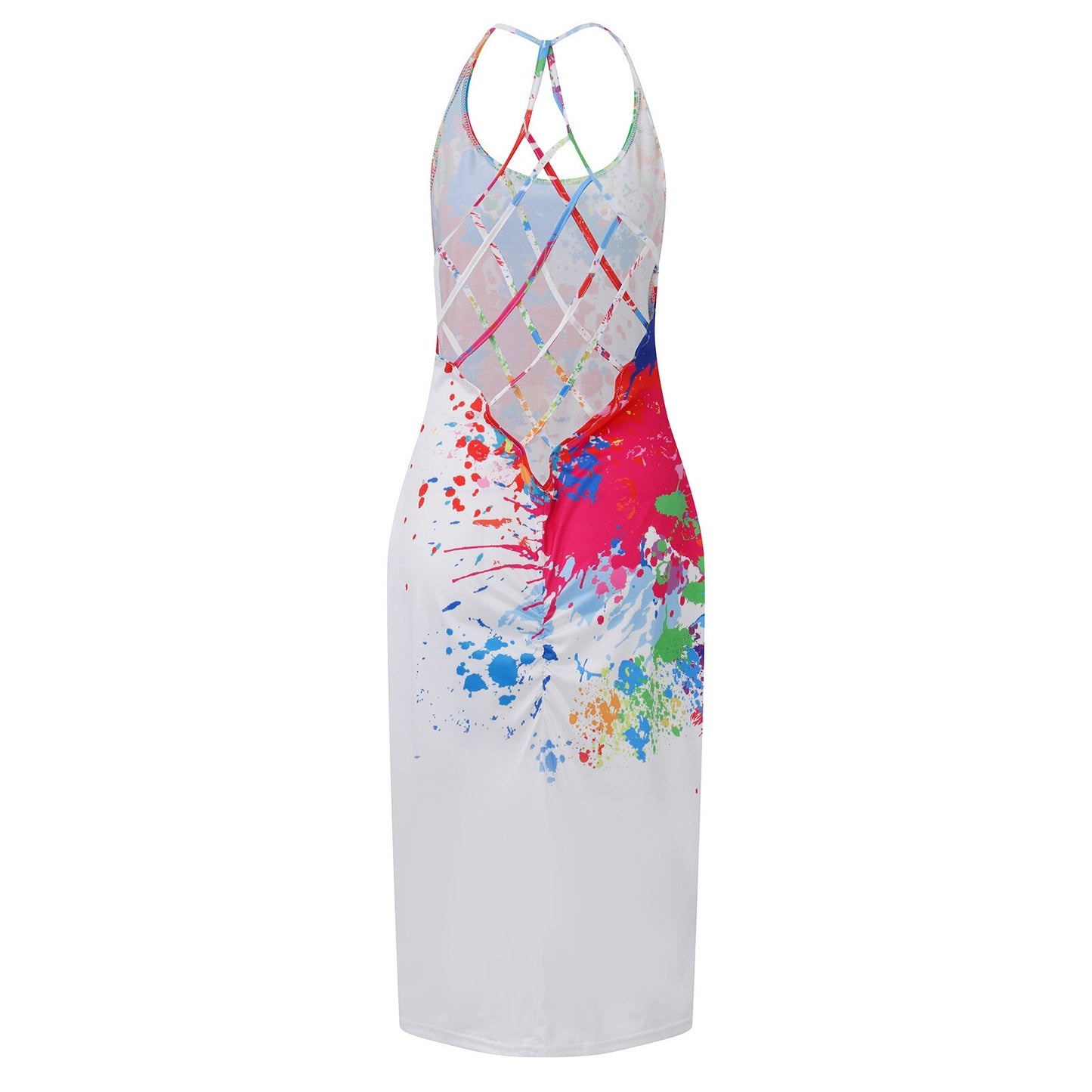 White Dress Women Summer Dresses Fashion Print Graffiti Halter Fishnet Round Neck Sexy Long Robe Femme Vestidos платье летнее