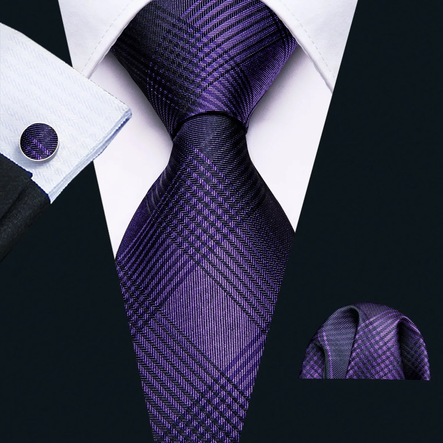 Barry.Wang Plaid Silk Men Tie Hanky Cufflinks Set Checked Jacquard Necktie for Male Formal Casual Wedding Business Party Events