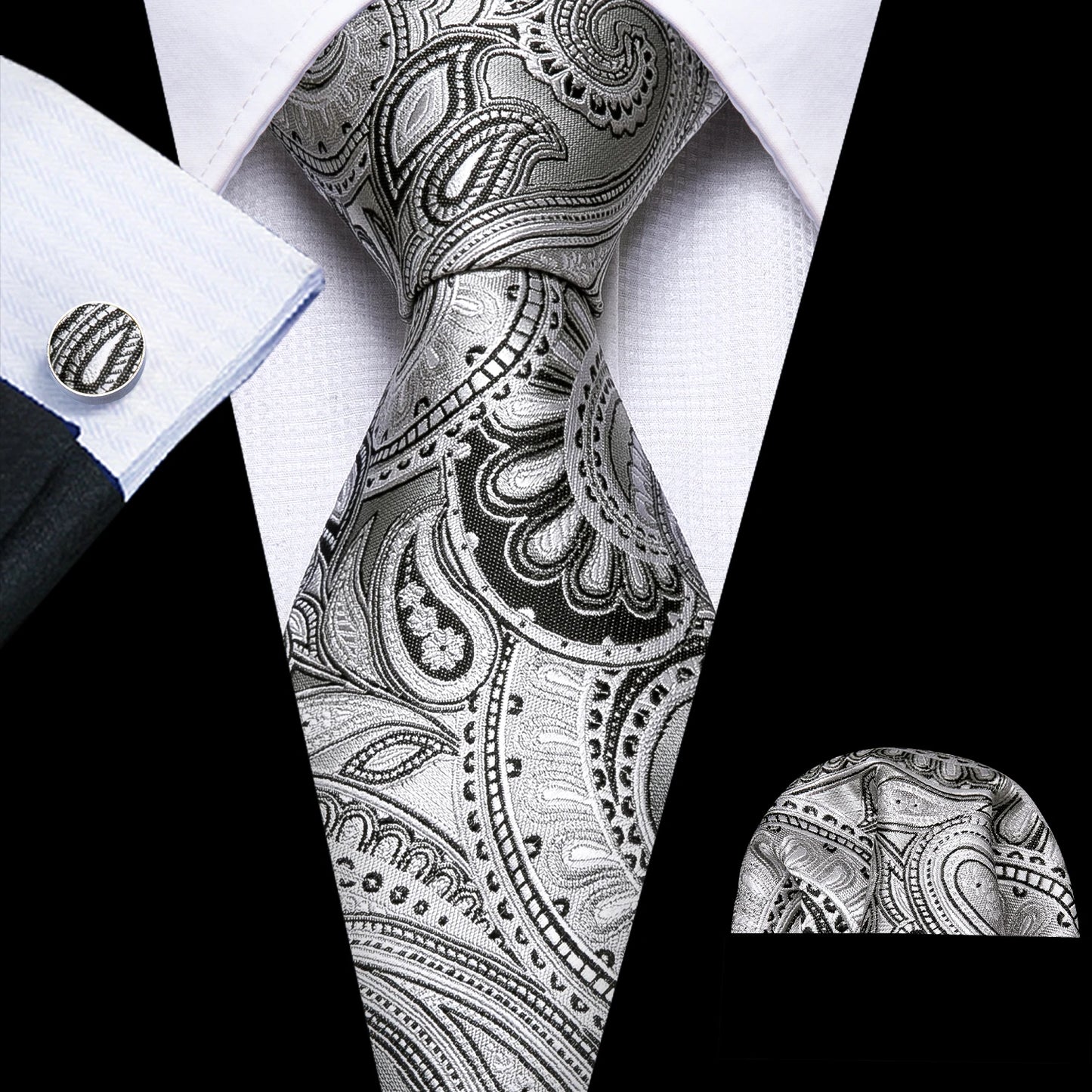 Barry.Wang Black White Gray Silver Men Tie Handkerchief Cufflinks Set Jacquard Necktie for Male Wedding Business Party Gift