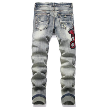 Men's Snake Embroidery Stretch Denim Jeans Streetwear Red Leather Patch Slim Tapered Pants with Holes And Rips Trousers