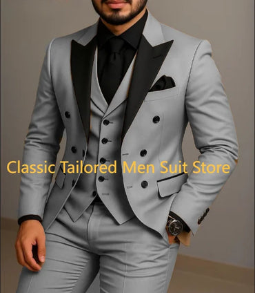Beige Double Breasted Suit Black Lapel Slim Fit Wedding Suit