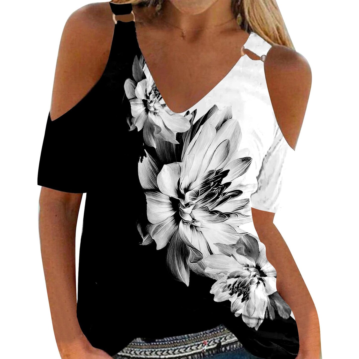 Fashion Print Off Shoulder Ladies Tops Summer Sexy V Neck Short Sleeve Casual Blouse 2022 Hot Women Outfits Party Dress Shirts