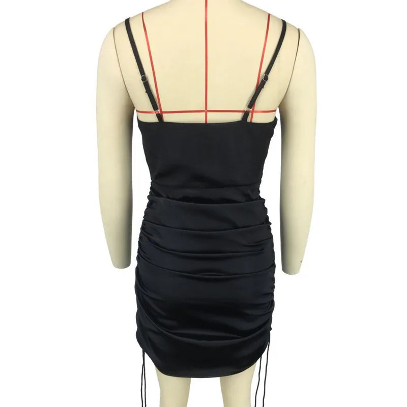Josiaoprah Satin Mini Summer Dress Women Ruched Pleated Sleeveless Short Beach Dress Drawstring Casual Dress Female Vestidos
