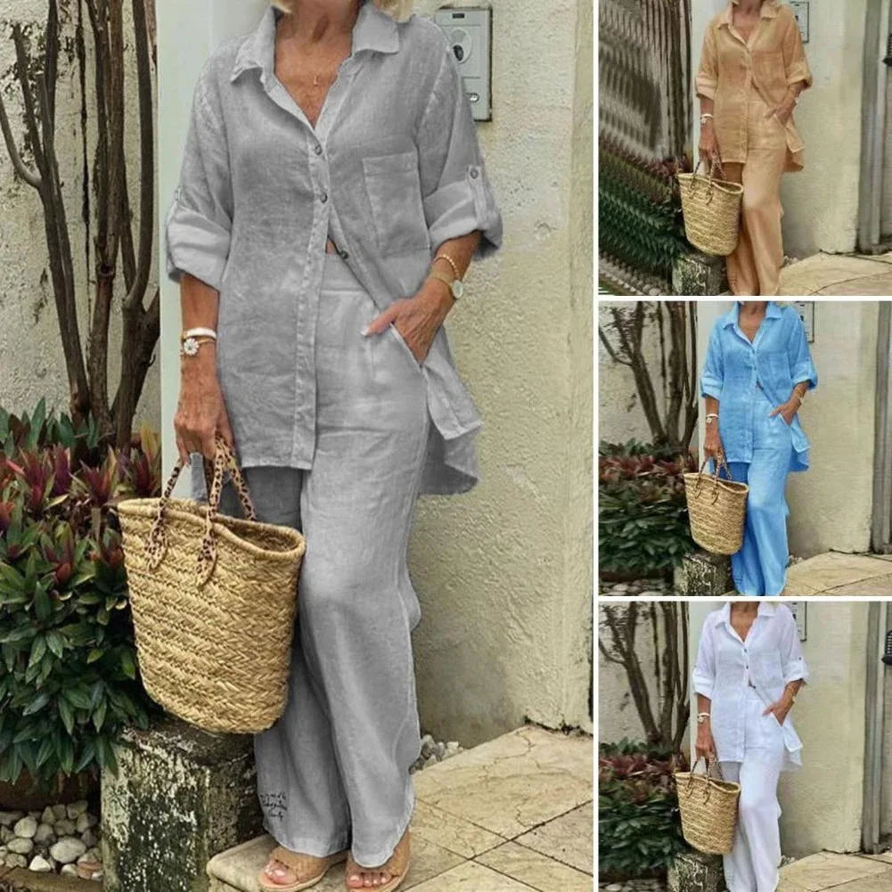 Summer Cotton Linen Casual Home 2 Piece Set For Women 2025 Fashion White Long Sleeve Shirt And Shorts Two Piece Sets Tracksuit