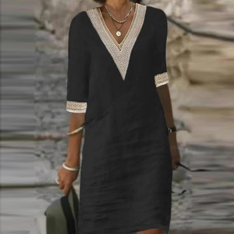 Women Cotton Linen Dress Summer Fashion Solid Color Hallow Out Mini Dresses Female Oversize Casual Mid-Sleeve Dresses Vestidos