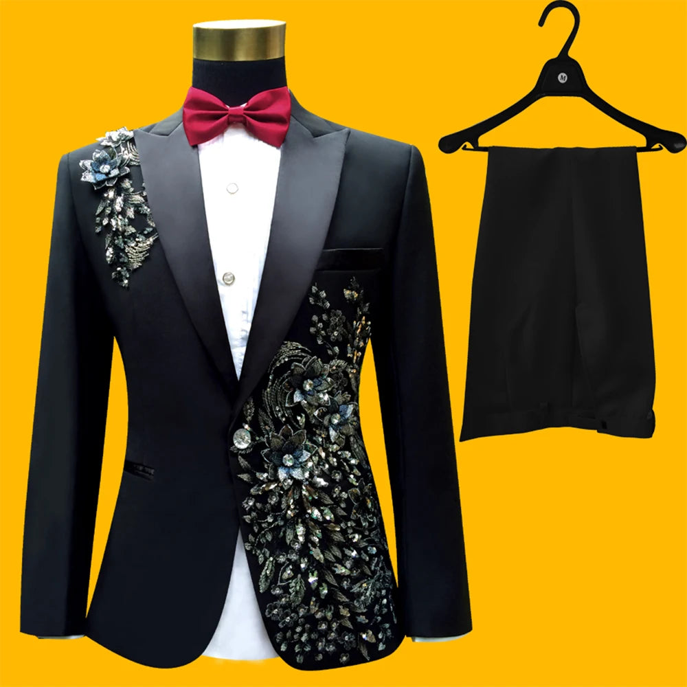 New Black Wedding Groom Tuxedos Suit Men Fashion Paillette Embroidered Male Singer Performance Party Prom Blazer Suit 4 Pcs