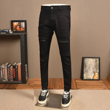 Designer Fashion Men Jeans Black Stretch Slim Fit Zipper Patched Ripped Jeans Men Big Pocket Street Hip Hop Denim Pants Hombre