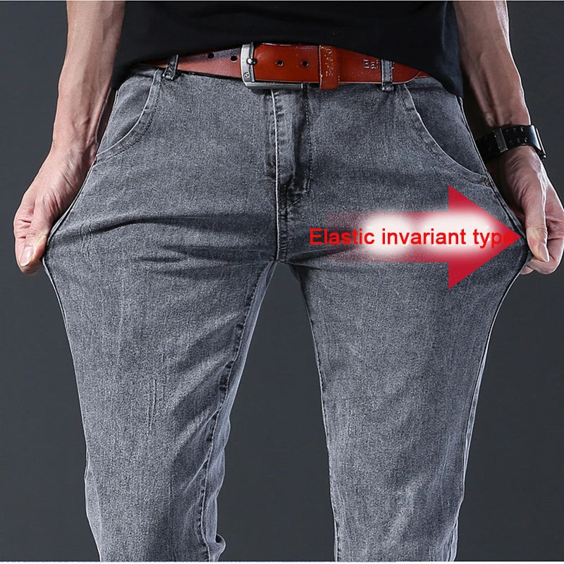 New style jeans, men's slim fit, Korean style comfortable straight leg elastic gray mid waist pants, men's casual denim pants