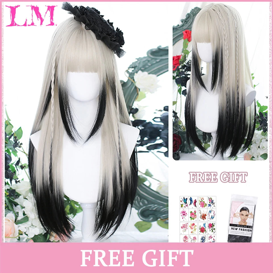 LM Synthetic Black Wig with Long Ponytail Short Straight Wig Lolita Cosplay Party Harajuku Blonde Wig With Bangs for Women