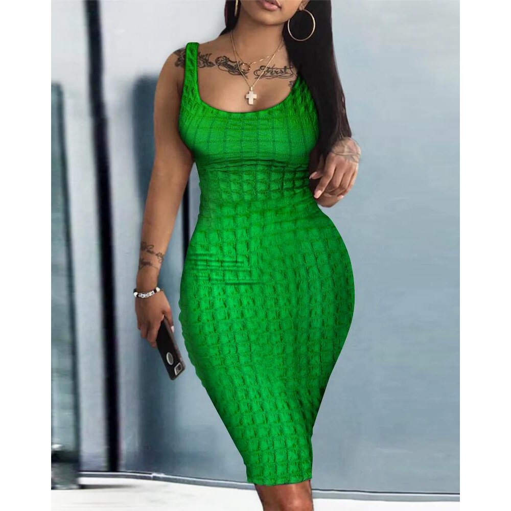 Sexy Women U-Neck Sleeveless Textured Bodycon Tank Dress Summer Casual Ruched Short New in Dress Elegant Work Outfits 2023