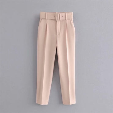 WOTWOY Elegant Formal High Waist Pants Women Skinny Office Lady Pencil Pants Women Pockets Sashes Ankle-Length Trousers Women