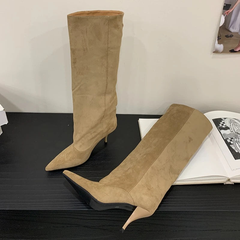 Aneikeh Autumn Winter Fashion Long Booties Shoes Thin Heels Concise Pointed Toe Pleated Knee-High Boots WomenZapatos De Mujer