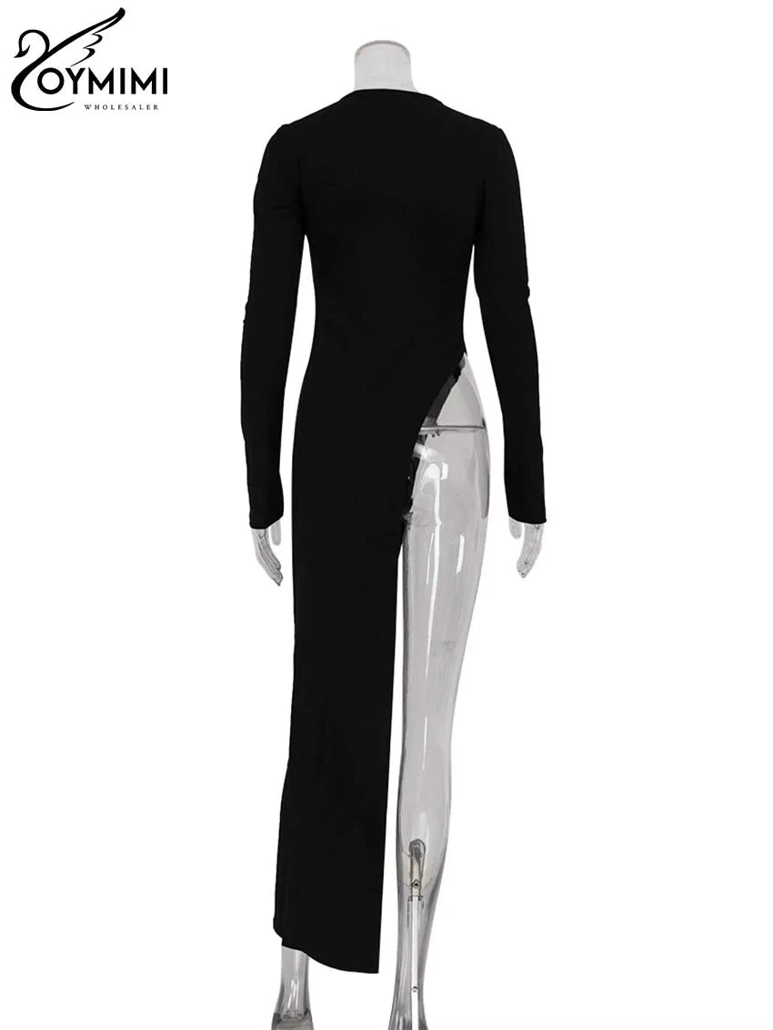 Oymimi Elegant Black Slim Women's Dress Fashion O-Neck Long Sleeve Solid Simple Dresses Spring New Irregular Floor-Length Dress