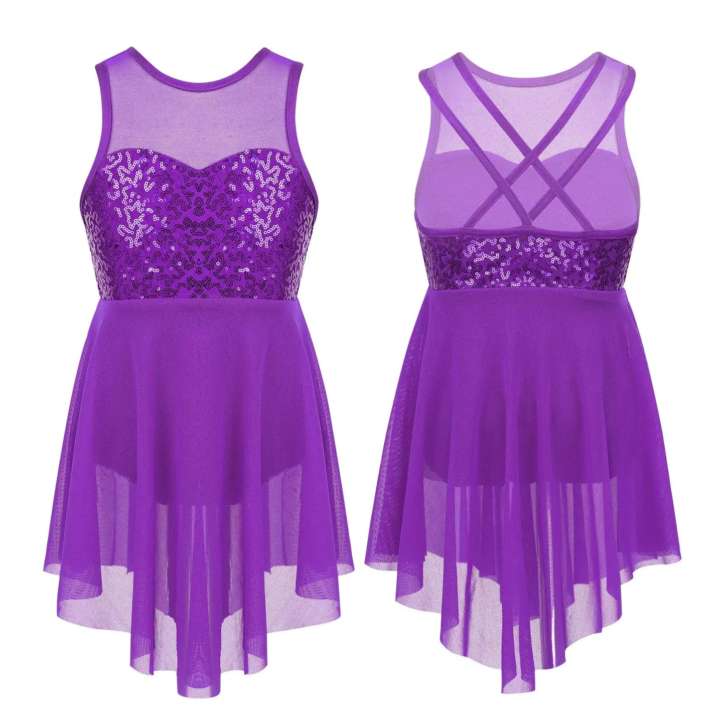 Girls Shiny Rhinestone Jazz Ballet Dance Dress Decorated Collar Sequins Mesh Tassel Hem Dance Leotards Dance Performance Dress