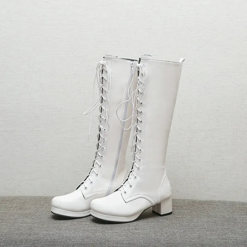 Woman Lovely Sweet Lace Up Purple Pink White Fashion Women's High Knee Boots Winter Shoes Lolita Shoes Girls Boots
