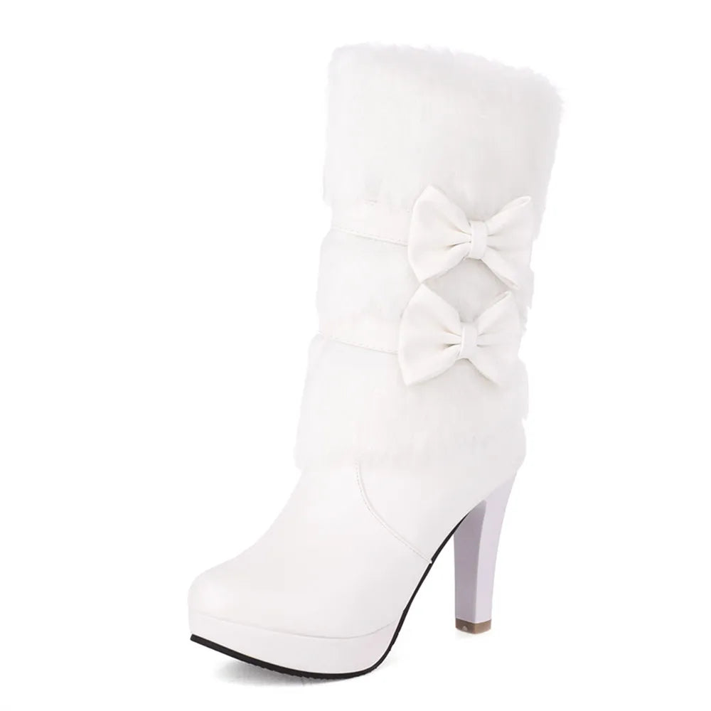 2025 Winter Womens Fashion High Heel Boots Pink White Black Fur Tassel Bowtie Lovely Lolita Ladies Party Wedding Shoes size32-43