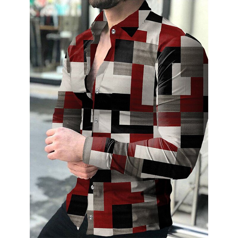 Luxury Social Men Shirts Turn-down Collar Buttoned Shirt Casual Lattice Print Long Sleeve Tops Men's Clothes Club Prom Cardigan