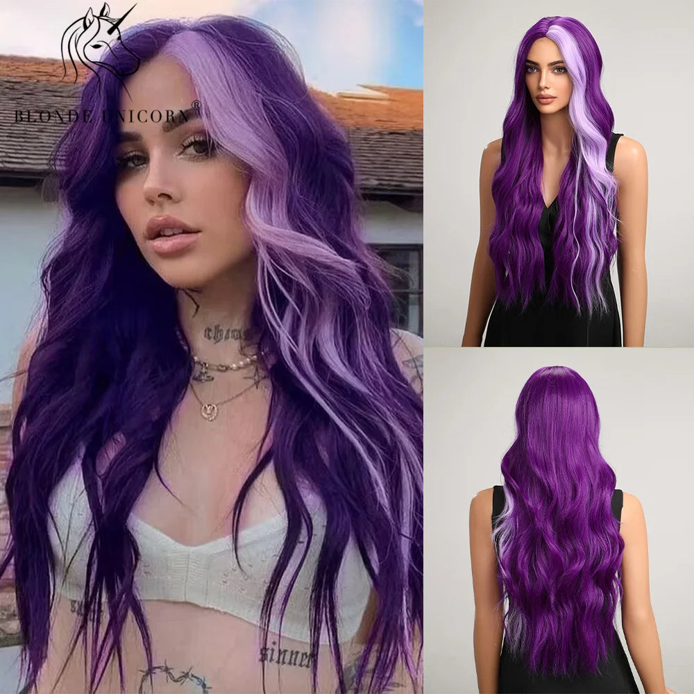Blonde Unicorn Synthetic Long Wavy Wig Ombre Purple to Blue for Woman Cosplay Halloween Wigs Heat Resistant Fiber Bangs Hair