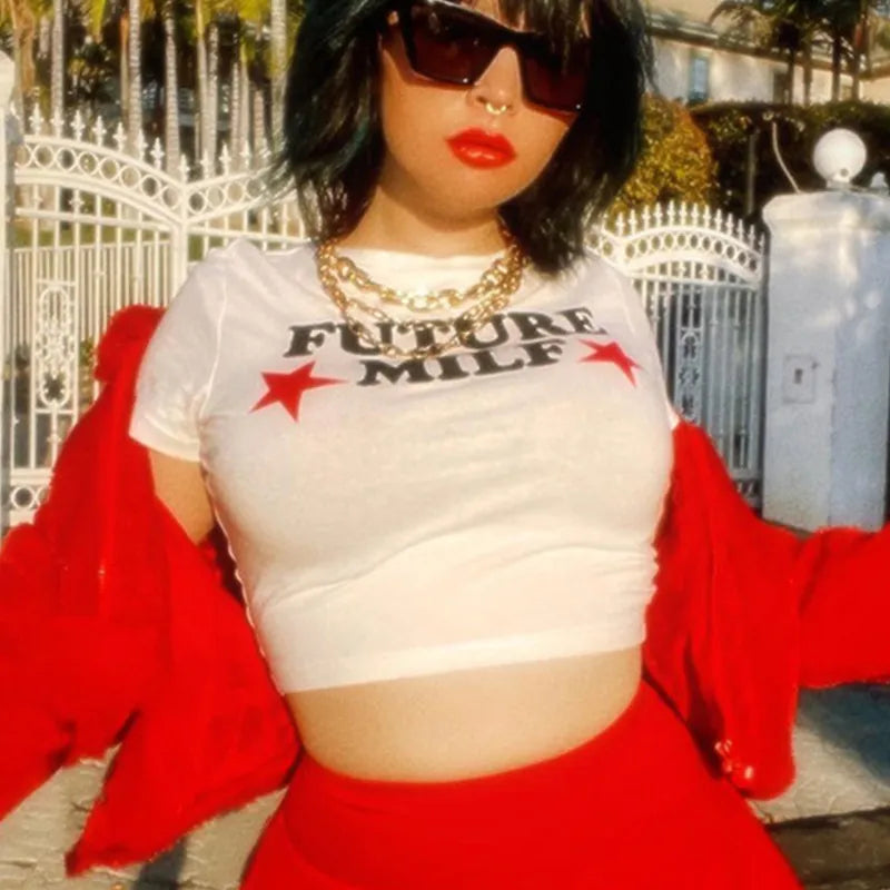 Y2k Women T Shirts Future Milf Star Fashion Women Crop Top Harajuku Streetwear Slim Tshirt Tops Summer Sexy Party Femme Clothes
