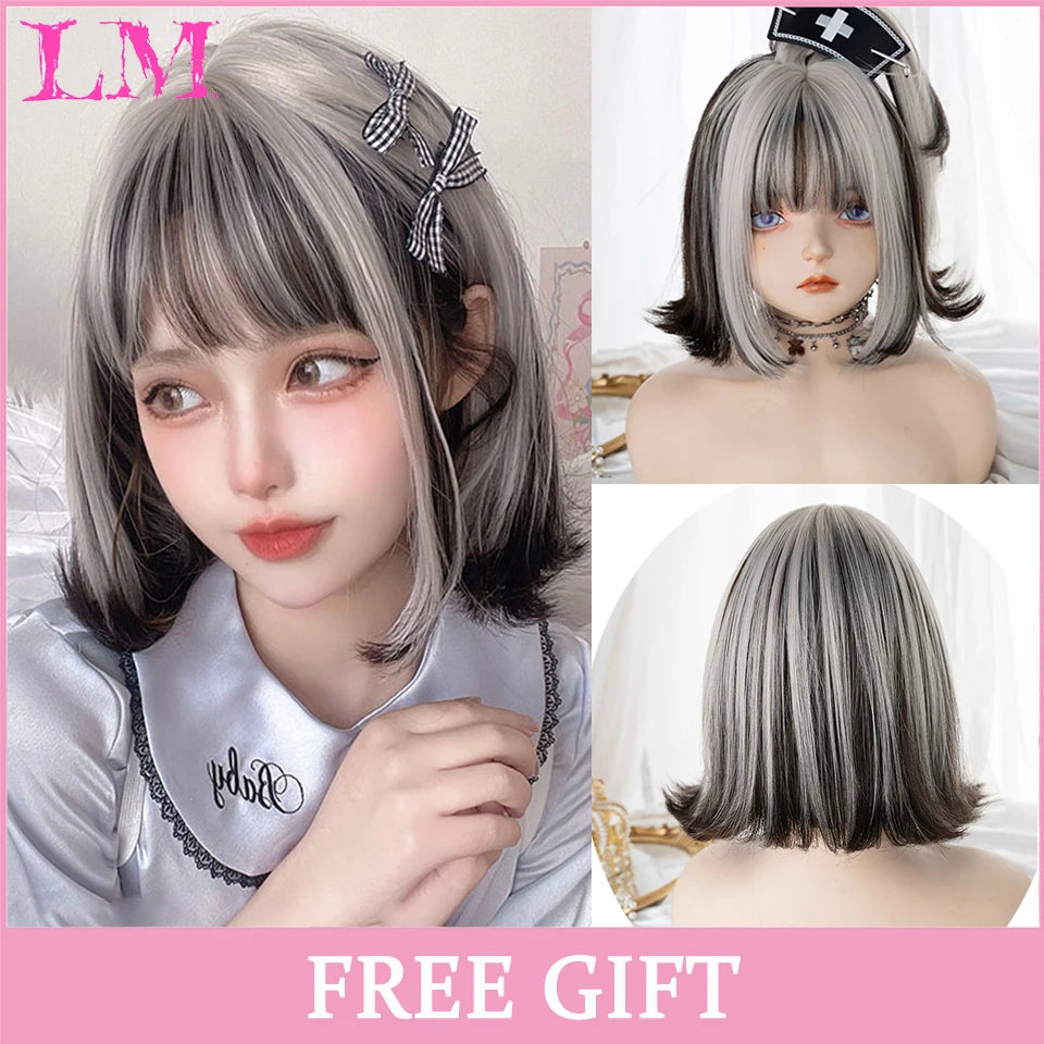 LM Synthetic Black Wig with Long Ponytail Short Straight Wig Lolita Cosplay Party Harajuku Blonde Wig With Bangs for Women