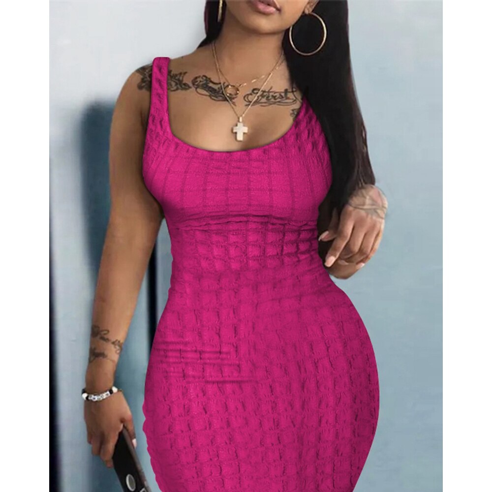 Sexy Women U-Neck Sleeveless Textured Bodycon Tank Dress Summer Casual Ruched Short New in Dress Elegant Work Outfits 2023