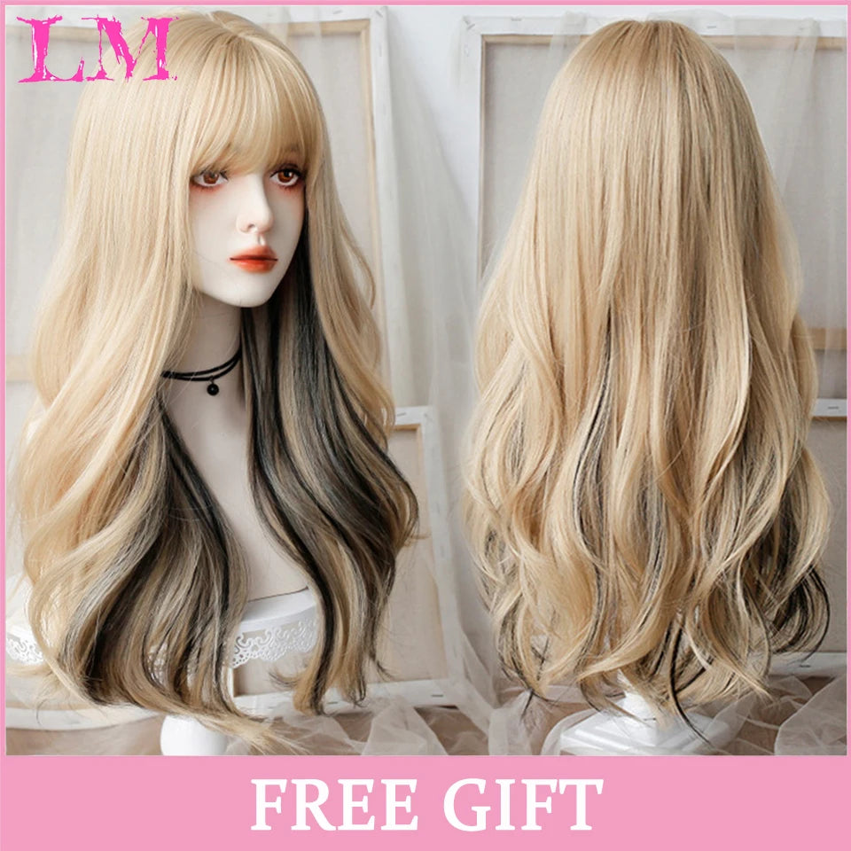 LM Synthetic Black Wig with Long Ponytail Short Straight Wig Lolita Cosplay Party Harajuku Blonde Wig With Bangs for Women