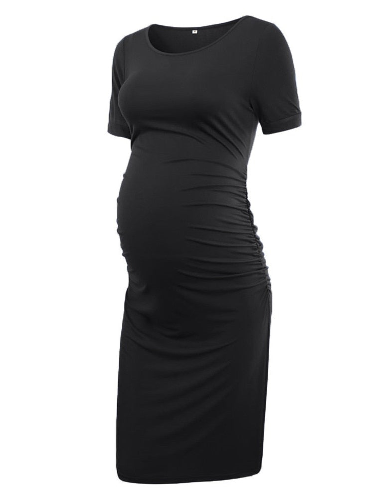 Liu&Qu Maternity Dresses Women Side Ruched Pregnany Dress Bodycon Pregnant Clothes Casual Mama Short Sleeve Wrap Baby Showers
