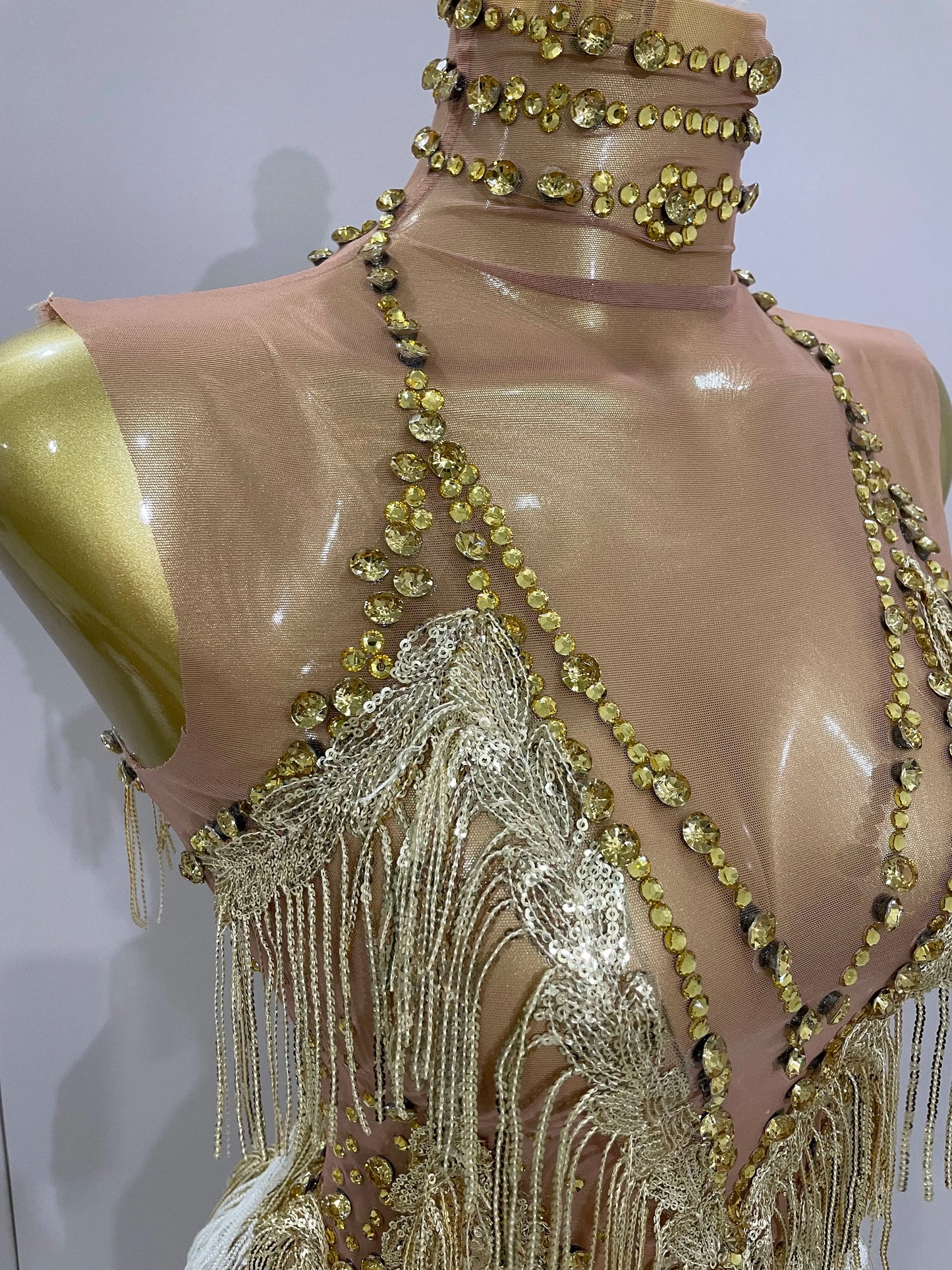 Stock 2025 Women Sexy Stretch Mesh Sparkly Rhinestone Tassels Mini Dress Nightclub Singer Dance Stage Costume Evening Gowns