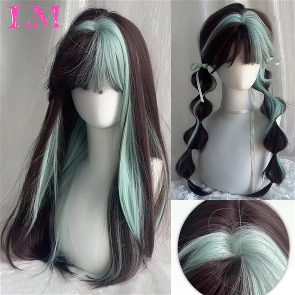 LM Synthetic Black Wig with Long Ponytail Short Straight Wig Lolita Cosplay Party Harajuku Blonde Wig With Bangs for Women