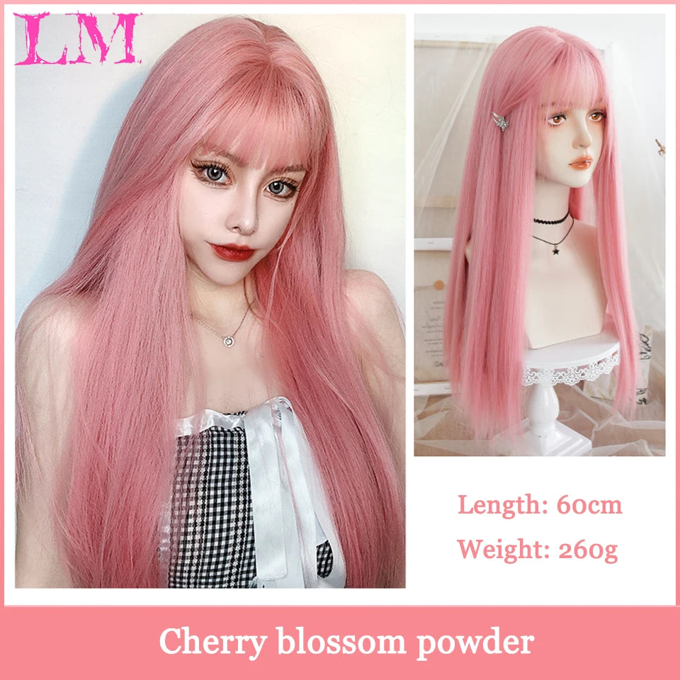 LM Synthetic Black Wig with Long Ponytail Short Straight Wig Lolita Cosplay Party Harajuku Blonde Wig With Bangs for Women