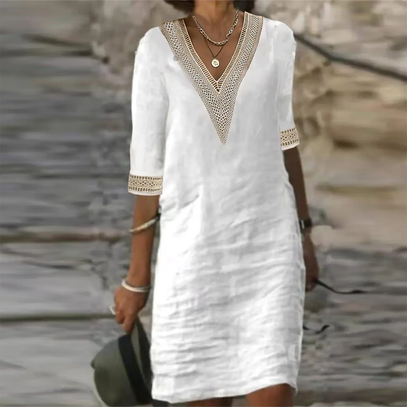 Women Cotton Linen Dress Summer Fashion Solid Color Hallow Out Mini Dresses Female Oversize Casual Mid-Sleeve Dresses Vestidos