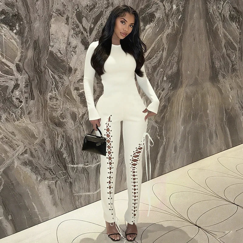 FAGADOER Sexy Bandage Patchwork 2 Piece Sets Woman Outfit Halter Sleeveless Crop Tops and Pants Matching Suit Female Streetwear