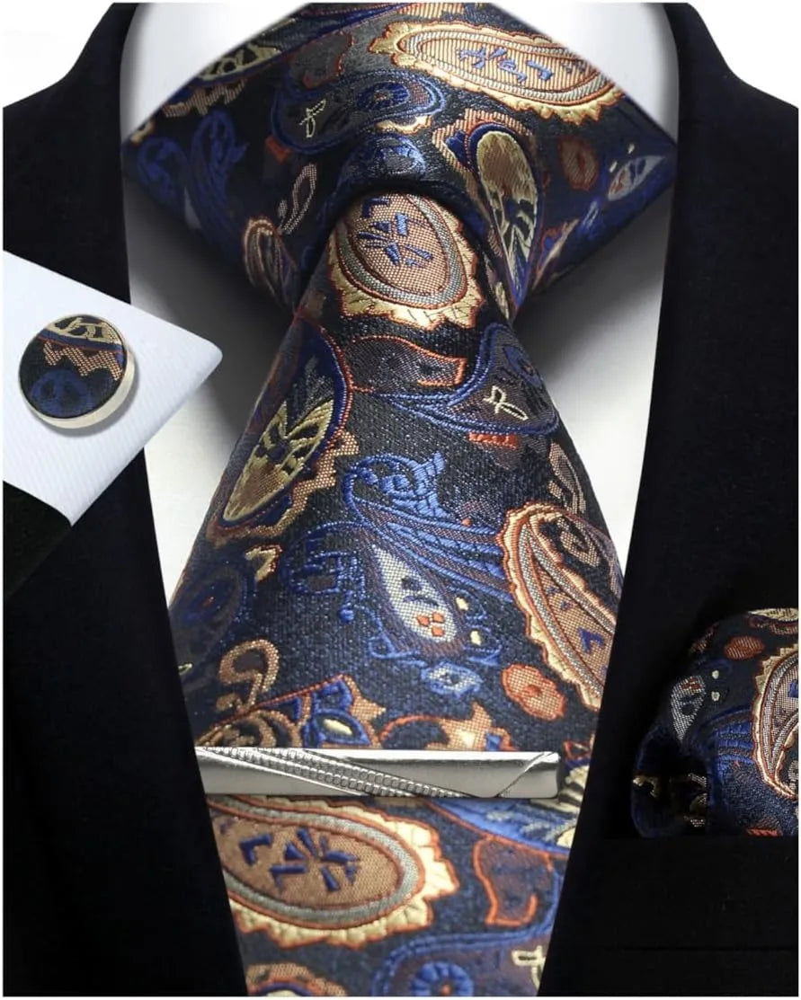 Mens Tie Set Silk Silver Paisley Floral Necktie and Pocket Square Cufflinks Tie Clip Classic Formal Ties for Men Wedding Party