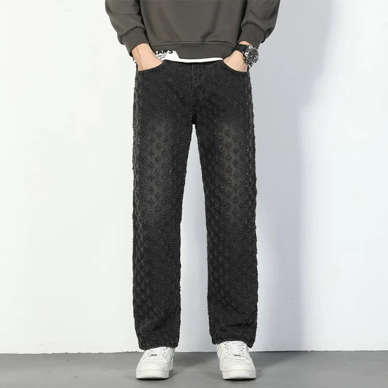 2025 Jacquard Full Print High Street Trendy Brand Ins Design Sense Jeans Loose Straight Tube Washed Wide Leg Long Pants