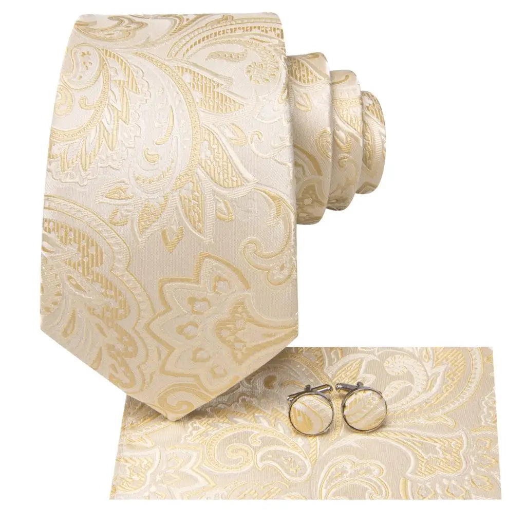 Hi-Tie Champagne Floral Paisley Silk Elegant Tie For Men Groom Wedding Men Necktie Pocket Square Cufflink Accessory Wholesale