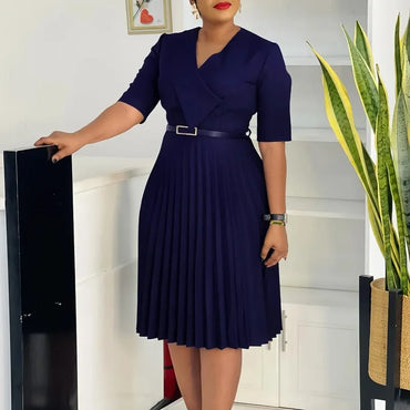 New Fashion V Neck Solid Color Pleated African Maxi Dress for Plus Size Women Elegant Evening Gown Petite Formal Dresses Summer