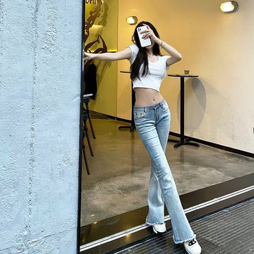 Low Rise Waist Bell Bottom Trousers Blue Pants for Woman Skinny Women's Jeans Flare Slim Fit Flared Baggy Stylish Summer Pant A