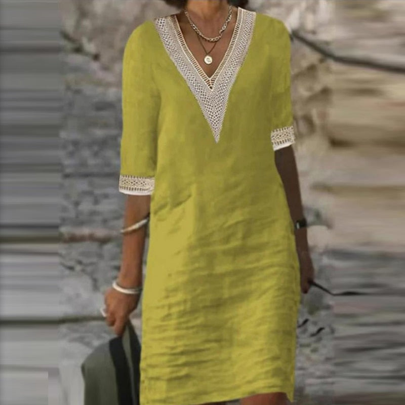 Women Cotton Linen Dress Summer Fashion Solid Color Hallow Out Mini Dresses Female Oversize Casual Mid-Sleeve Dresses Vestidos