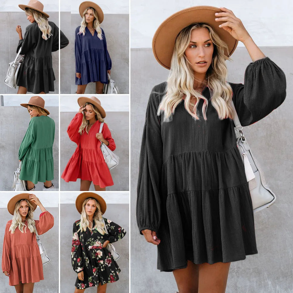 Fashion V-neck Loose Dress Fall Winter Long Sleeve Dress Lantern Sleeve Dress European and American Woman Dress Dresses