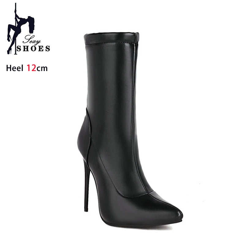 Winter Shoes For Woman Soft Leather Sock Ankle Boots 2024 New Pointed Toe Thin High Heels Women Short Booties Plus Size 44 45 46