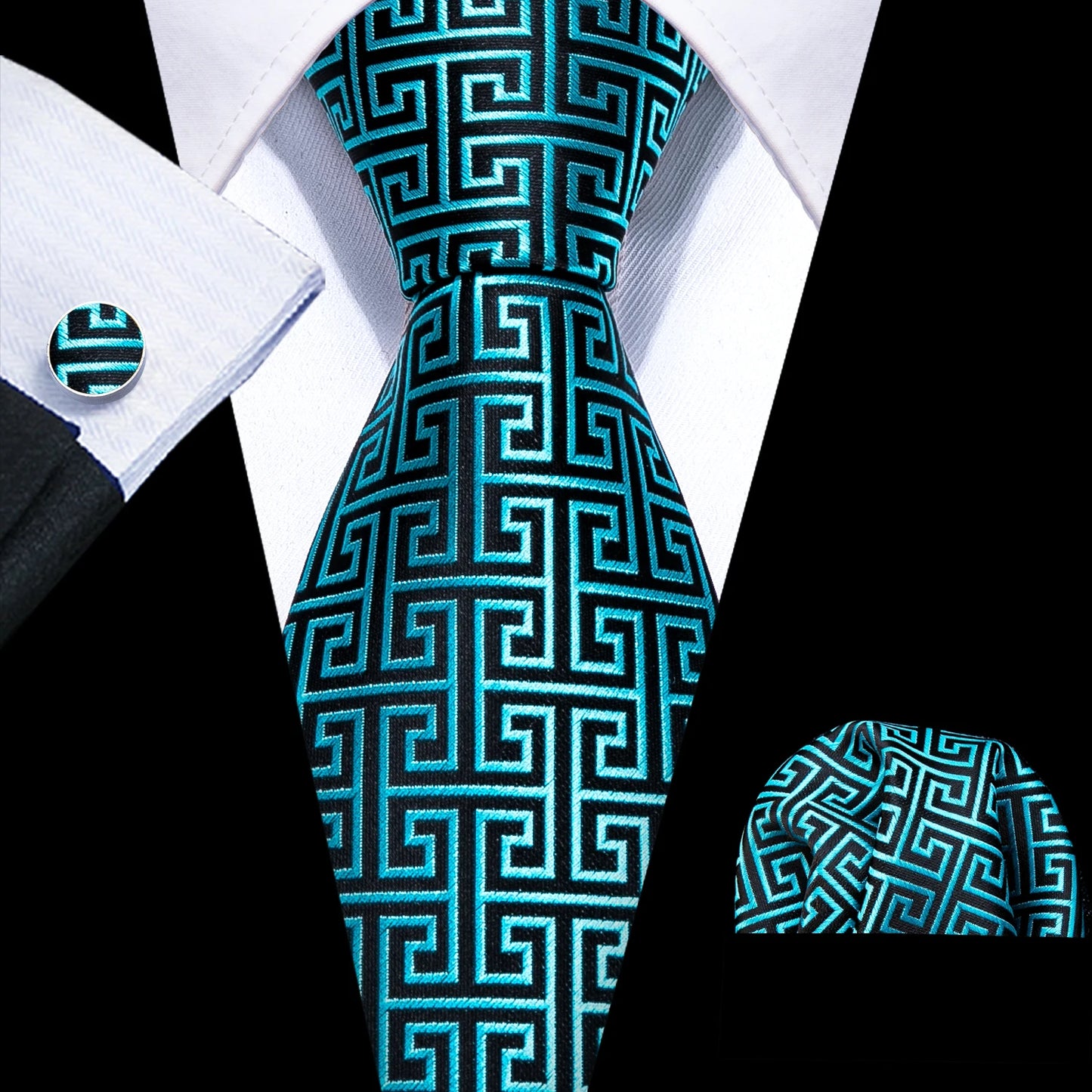 Barry.Wang Plaid Silk Men Tie Hanky Cufflinks Set Checked Jacquard Necktie for Male Formal Casual Wedding Business Party Events
