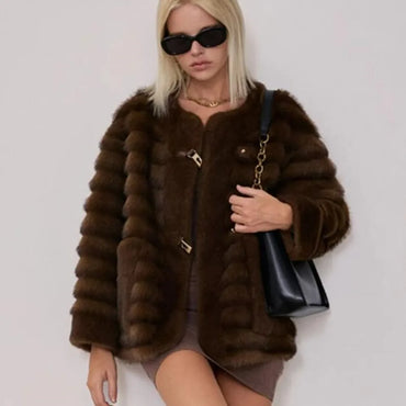 Winter Contrast Color Brown Horizontal Strip Faux Mink Fur Coat Women O neck Front Buckle Buttons Loose Thick Short Outerwear