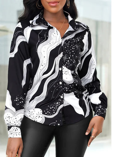 Women's Color Block Chain Print Button Shirt Stylish and Comfortable Long Sleeve Top for Spring and Fall